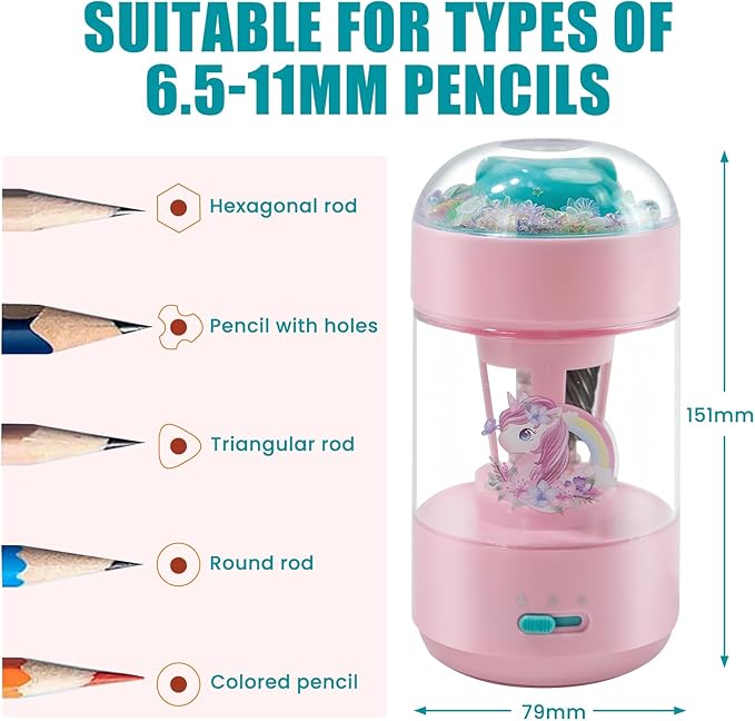 Electric Pencil Sharpener(6-8mm), Fully Automatic Colored Pencil Sharpener for Kids with Auto in & Out Rechargeable Sharpener for Classroom//Office/Home Kids Gift