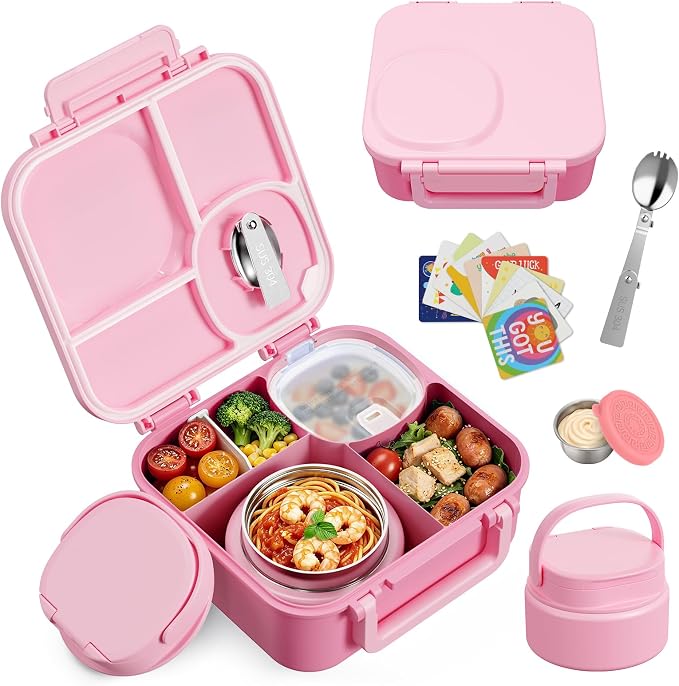 wiwens Kids Bento Lunch Box with Soup Thermo Food Lunch Container for Kid | 4 Compartment Leak-Proof Kids Lunch Box,9oz Stainless Steel Insulated Hot Food Jar,for Boys Girls Toddler to School Travel