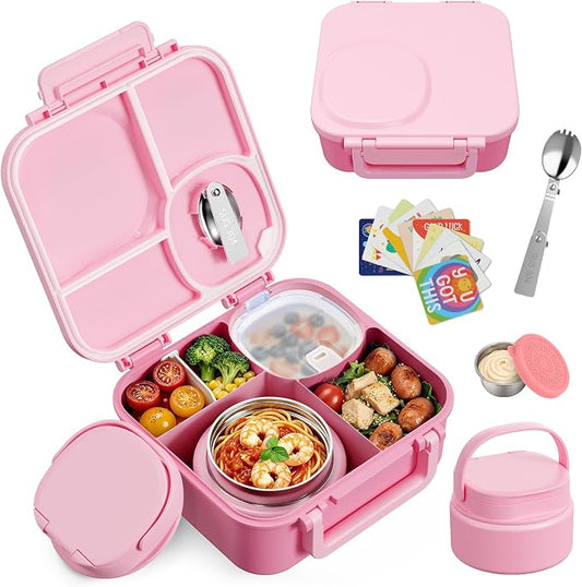 wiwens Kids Bento Lunch Box with Soup Thermo Food Lunch Container for Kid | 4 Compartment Leak-Proof Kids Lunch Box,9oz Stainless Steel Insulated Hot Food Jar,for Boys Girls Toddler to School Travel