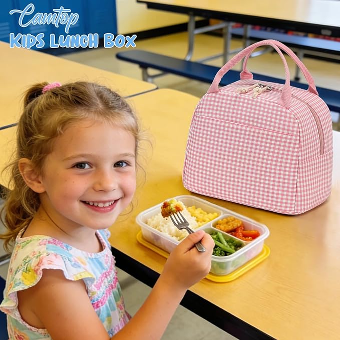 CAMTOP Lunch Box Kids Insulated Lunch Bag Large Reusable Leakproof Cooler Lunch Bags for Boys Girls School Travel Picnic (Pink and White Checkered)