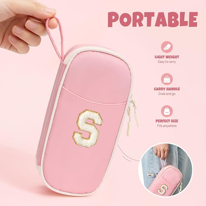SUNEE Cute Pencil Case, Kawaii Big Capacity Pencil Pouch, Personalized Initial Pencil Bag with Zipper, Stationery Storage and Organizer, Back to School Supplies, Pen Box for Girls & Boys, Teen, S-Pink