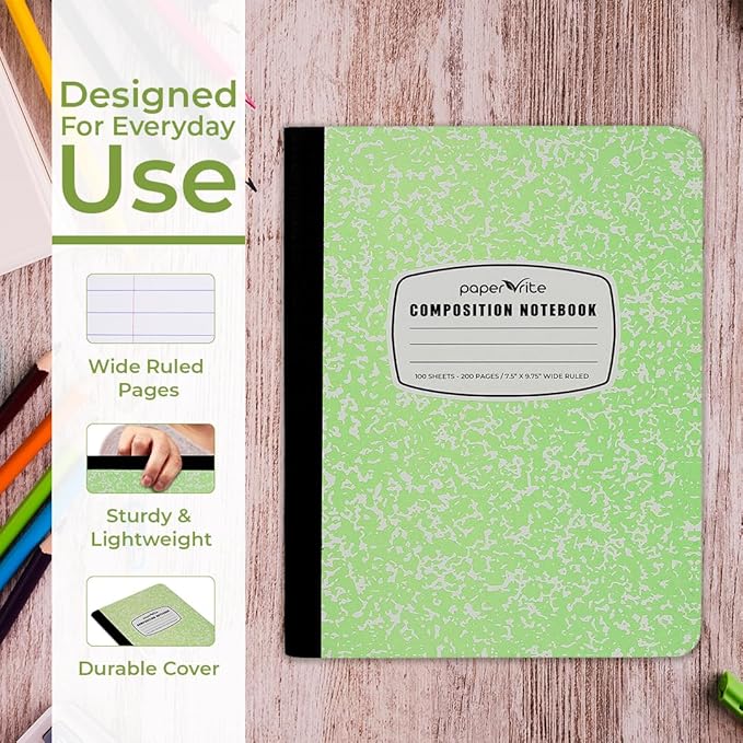 Assorted Marble Composition Notebook Wide Ruled (9.75x7.5 in), 100 Sheets | 200 Pages | For School, Office, Students, Teachers (1, Green)