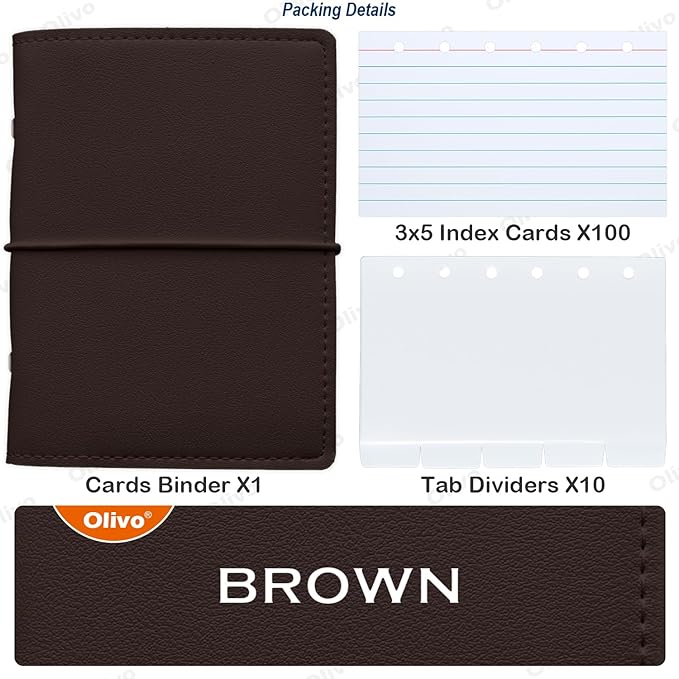 3x5 Lined Index Cards with Ring Binder Holder and Dividers, 100 Note Cards, Brown
