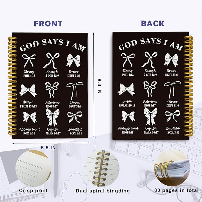 THDSE Bible Journal for Women, Christian Prayer Journal Notebook Gifts for Teen Girls Kids, Bible Study Supplies, Cute Bows Church Faith Journaling Hardcover Spiral Notebook 5.5 X 8.3(Black)