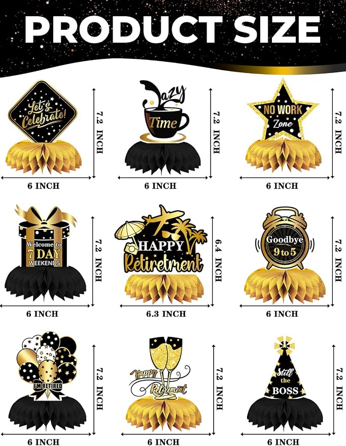 Retirement Table Decorations - Black and Gold Retirement Decorations 9Pcs Retired Honeycomb Centerpieces Table Toppers for Goodbye Farewell Party Supplies for Men Women, Photo Booth Props