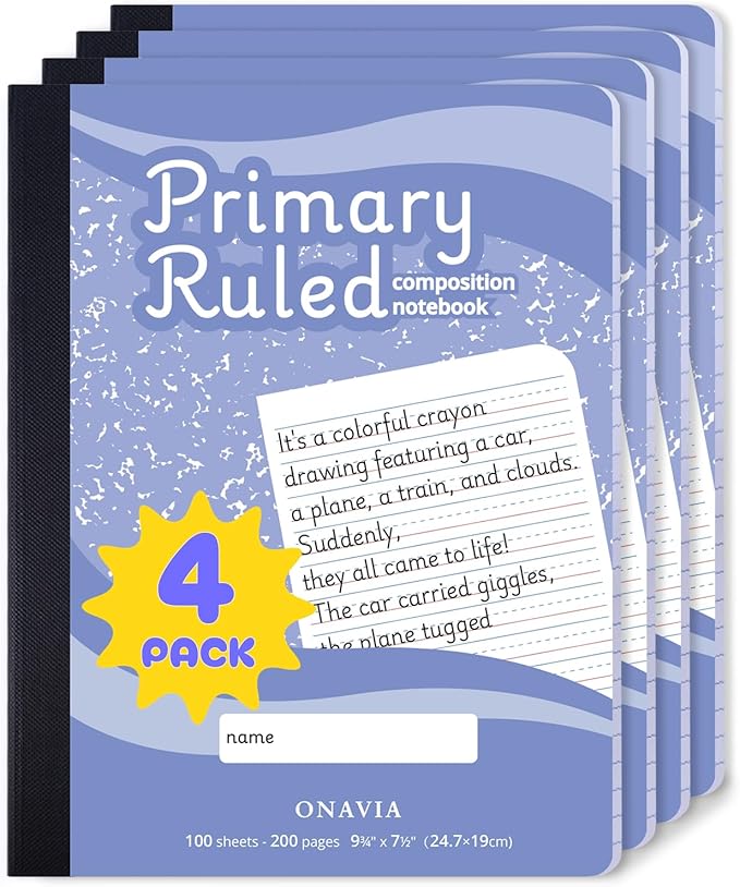 ONAVIA Primary Composition Book, 4 Pack, Full Primary Ruled, Grades K–2, 9.75 x 7.5, Writing Practice Notebook for School and Home, Cornflower Blue