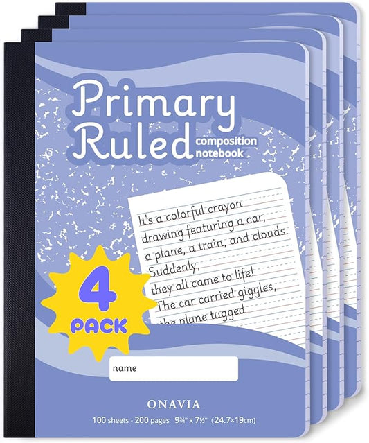 ONAVIA Primary Composition Book, 4 Pack, Full Primary Ruled, Grades K–2, 9.75 x 7.5, Writing Practice Notebook for School and Home, Cornflower Blue