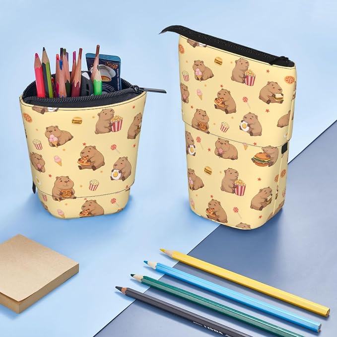 Yellow Cute Animals Kids Standing Pencil Case Girls Boys Telescopic Stationary Pouch with Zipper Large Capacity Stand up Pen Bag Portable Makeup Holder for Children School Students