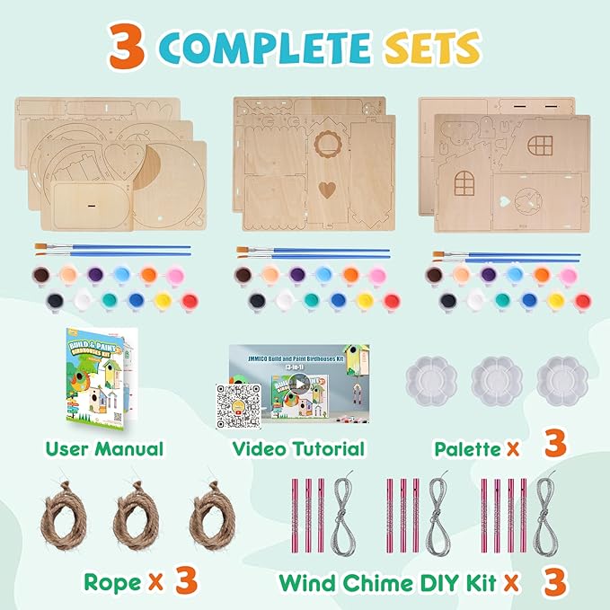 JMMICO 3 Pack Bird Houses Kits for Kids, Wooden Painting Arts and Crafts for Kids Ages 8-12, Build & Paint Your Own Bird Houses and Wind Chime Kits, Toddlers Easter Gifts for Girls Boys