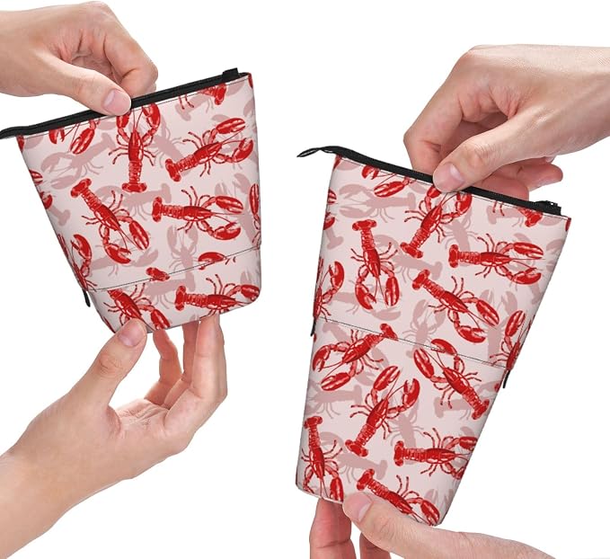 Red Crawfish Standing Pencil Case Cute Telescopic Stationary Pouch with Zipper Large Capacity Stand up Pen Bag Portable Makeup Holder for School Office Supplies