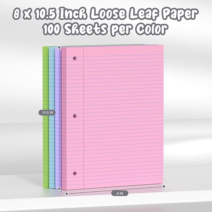 400 Sheets Pastel Colored Filler Paper Set, College Ruled, 8" x 10.5" Three-Hole Punched, Compatible with 3-Ring Binders, Includes Pink, Purple, Blue, Green