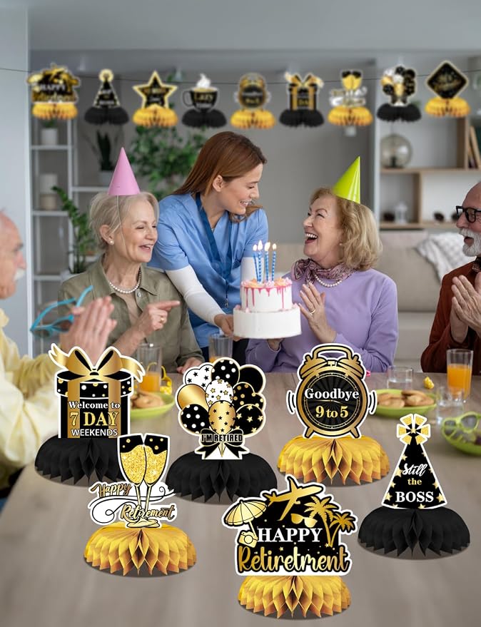 Retirement Table Decorations - Black and Gold Retirement Decorations 9Pcs Retired Honeycomb Centerpieces Table Toppers for Goodbye Farewell Party Supplies for Men Women, Photo Booth Props