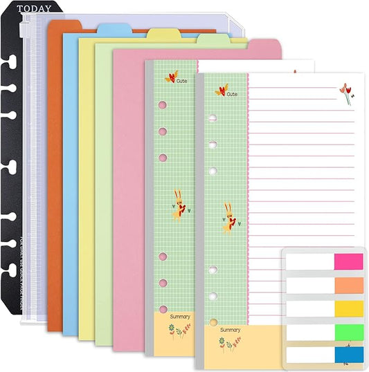 Rancco Cornell-Note Taking-System A6 Planner Refill Paper, 90 Page Colorful 5R Cornell Notes 6-Ring Binder Loose-leaf Inserts w/Zipper Pouch, Binder Divider, Ruler, Index Tab, College Ruled, 6.9x3.7"