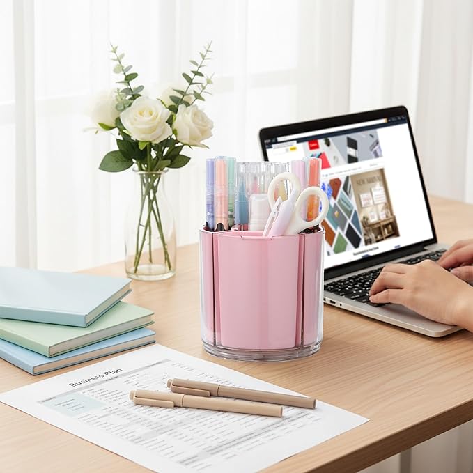 Comix 360° Rotating Pen Holder for Desk, Cute Pencil Holder Pen Organizer, Pink Acrylic Pencil Cup Caddy with 5 Slots for Home School Office Supplies