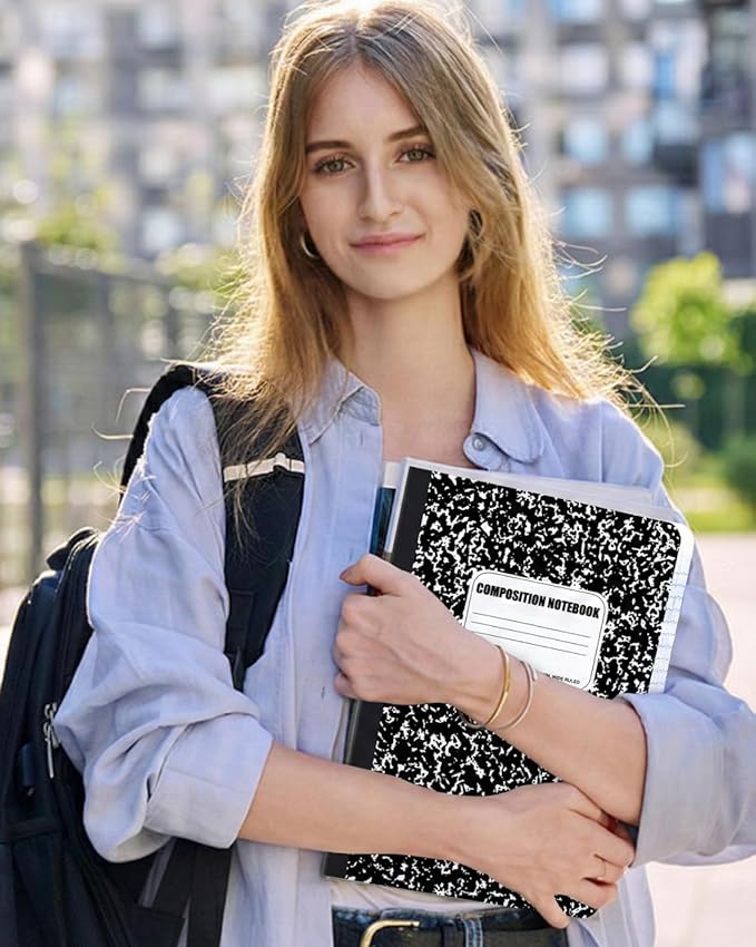 CLEENTABLE Composition Notebook 12 Pack, Wide Ruled Paper, Marble Cover Notebooks for School, 9.75 x 7.5 Inches, 100 Sheets (200 Pages), Sewn Binding Comp Books, Black