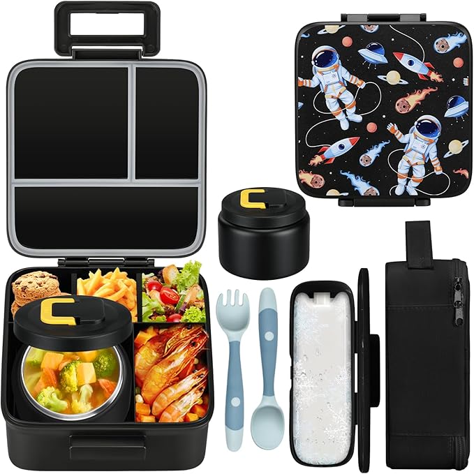 MAISON HUIS Bento Lunch Box with 8oz Soup Thermo, 5-Compartment Leak-Proof Container, Thermo Hot Food Jar and Insulated Lunch Bag, BPA Free,Travel, School