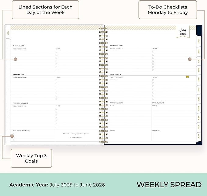Blue Sky Day Designer 2025-2026 Weekly and Monthly Academic Year Planner Calendar, July 2025 - June 2026, 8.5" x 11", Flexible Cover, Laminated Tabs, Storage Pocket, Includes Stickers, Peyton Navy
