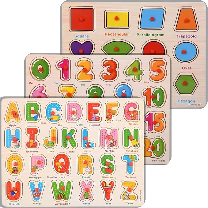 3-Pack | Alphabet, Numbers & Shapes Wooden Puzzles for Toddlers 3-5 Years Old – ABC, 1-20 & Shape Learning Toy with Puzzle Board & Blocks, Preschool Educational Toy for Boys & Girls