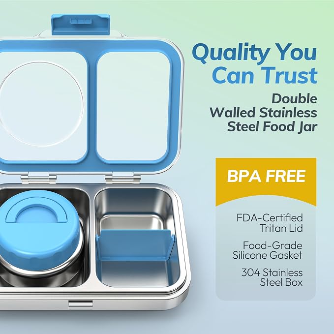 HOMEKOL Stainless Steel Bento Lunch Box + 9.5oz Insulated Food Jar, Blue | 2-Compartment Leak-Proof Container for Kids & Adults, BPA/BPS-Free, 18/8 Metal, Dishwasher Safe, Clear Tritan Lid