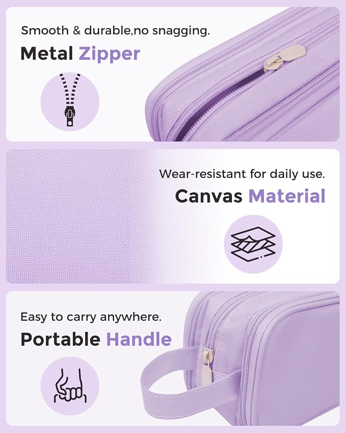 SKYDUE Large Capacity Pencil Case with Handle, 3 Compartment Canvas Pencil Pouch, Cute Soft Color Pencil Bag for Pens, Markers, Aesthetic Stationery and Organizer for Teen Girls Adult, Purple