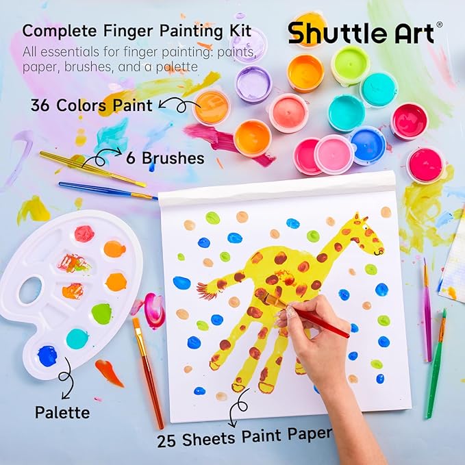 Shuttle Art Washable Finger Paint, 44 PCS with 36 Colors (1 fl oz) Toddler Paint, Paint Brushes, Palette, Non-Toxic Finger Painting for Toddlers