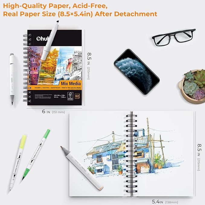 Ohuhu Mix Media Pad, 5.5" x 8.5" Mixed Media Art Sketchbook, 120 lb/200 GSM Heavyweight Papers, 62 Sheets/124 Pages, Spiral Bound Mixed Media Paper Pad for Acrylic, Painting Christmas Gift