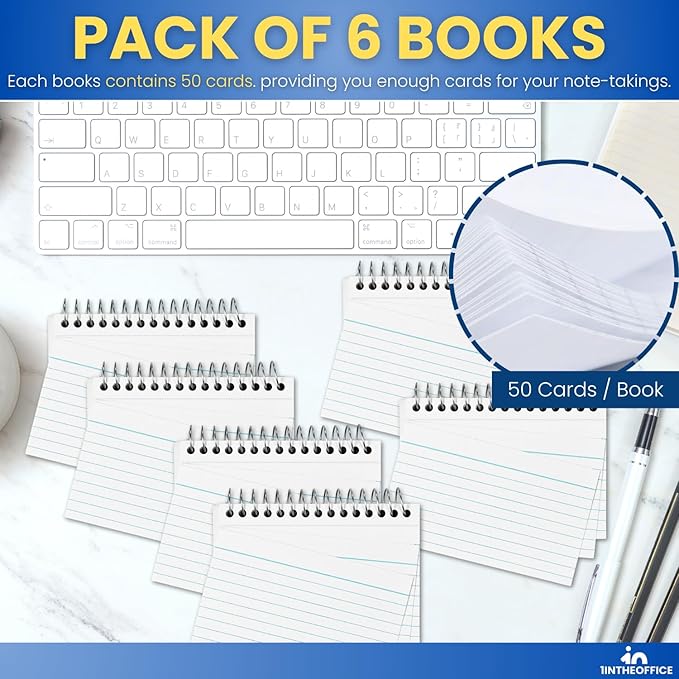 1InTheOffice Spiral Index Cards 3x5 Ruled, Spiral Bound, 50 White Cards/Spiral (6 Pack)