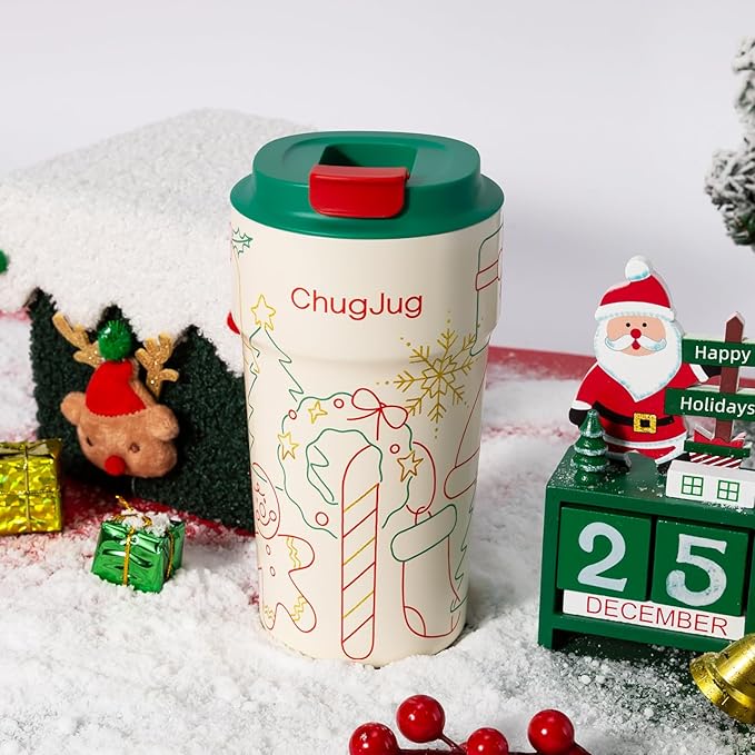 16 oz Christmas Travel Coffee Mug with Ceramic Coating, Leak-Proof Vacuum Insulated Coffee Tumbler with Lid, Double Wall Stainless Steel Travel Cup (Yuletide Magic)