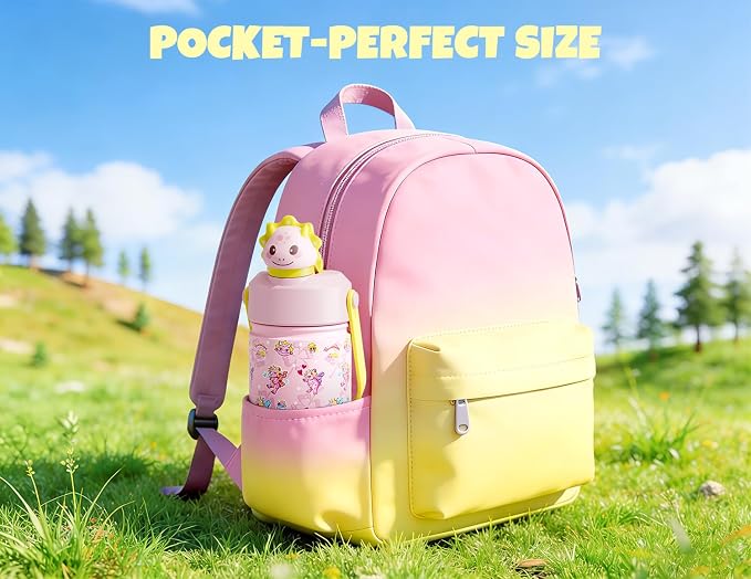 POWCAN 18 oz Kids Water Bottle: 2-in-1 Straw Spout Lid with Soft Animal Head, Leakproof, Backpack Friendly, Keep Cold 24H, Cute Patterns, Insulated Cup for School, Playtime, Trip, Gift (Lovely Trike)