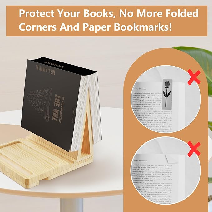 Triangle Book Holder Stand, Wooden Book Nook Reading Valet, Book Rest with Cup, Glasses & Pen Holder, Book Display Stand for Reading in Bed, Coffee and Book Lovers (Yellow)