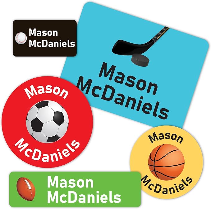 Personalized Daycare Stickers Name Labels for Kids - Custom Waterproof Name Stickers for Water Bottles, Lunch Boxes School Supplies, Clothing Tags, 30+ Designs, Sports
