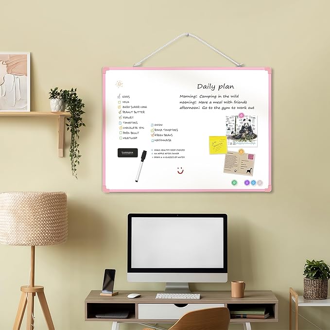 Dry Erase Board for Wall, 24" x 18" Double-Sided Hanging Magnetic Whiteboard with 6 Markers, 6 Magnets and 3 Mini Sticky Notes, Large White Board for School, Home, Office, Pink Frame