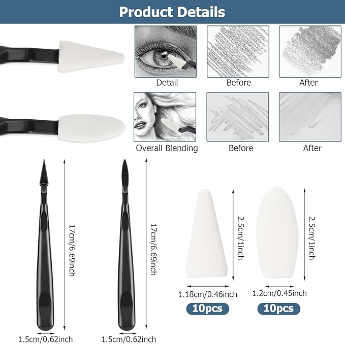 AGPTEK 48 PCS Sketch Drawing Tools, 20 Blending Stumps Set and 2 Sandpaper Pencil Sharpeners, Pencil Extension, Erasers,20 sponge replacement heads & 1 Felt Bag for Student Sketch Drawing Accessories