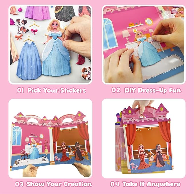 3D Reusable Puffy Sticker Activity Books, 190+ Fun Craft Princess Stickers for Kids, Car Travel Activities Essential, Screen-Free, Christmas Birthday Gifts for 3+ Year Old Girls