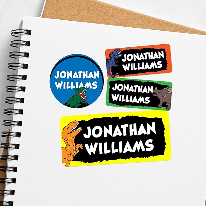 EGD Personalized Name Tag Stickers for Kids (130+ Pack) | Dinosaur Waterproof Labels for School Supplies, Bottles & Lunch Boxes | Custom Vinyl Name Labels for Clothing, Toys & More (C. Dinosaurs)