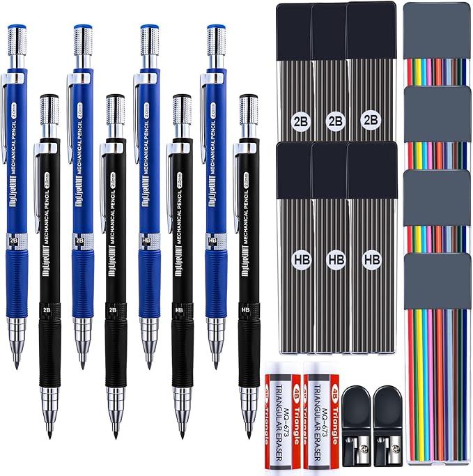 MyLifeUNIT 22 Pcs 2.0 mm Mechanical Pencils Set, 8 Pcs Lead Pencils with 10 Case Lead Refills 2B, HB Black & Colors, 2 Pcs Erasers and 2 Pcs Sharpeners for Drawing, Sketching and Drafting