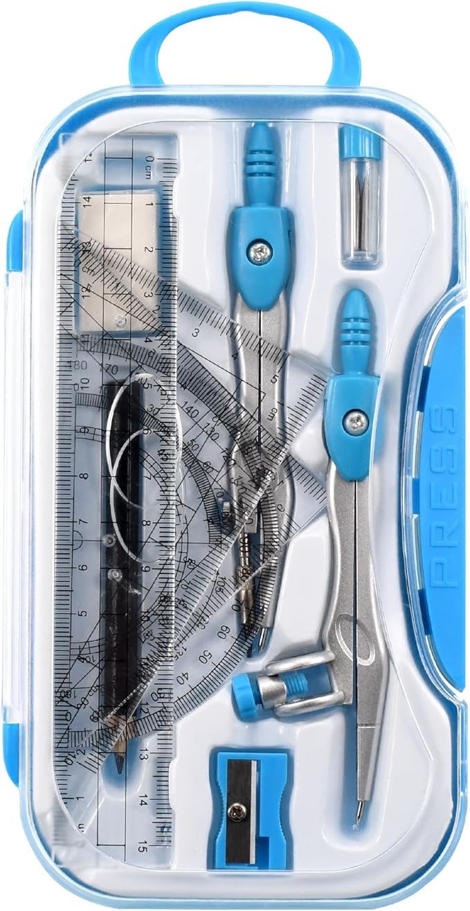 Vobou 10 Pieces Math Geometry Kit Set Student Supplies with Shatterproof Storage Box,Includes Rulers,Protractor,Compass,Eraser,Pencil Sharpener,Lead Refills,Pencil,for School and Drawings（Blue）