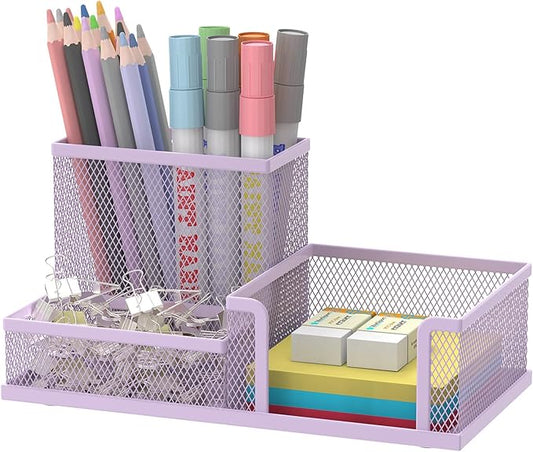 SUPEASY Mesh Pen Holder Desk Organizer, Office Supplies Pencil Storage with 3 Compartments, Office Desk Accessories and Workspace Organizers for Home School Classroom, Purple