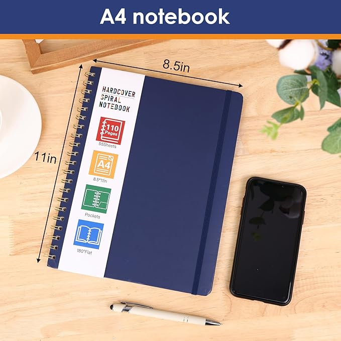 LABUK Spiral Notebook 8.5 x 11, A4 Hardcover Notebooks for Women, 55 Sheets 110 Pages Large Journal for Work, School, (Navy Blue)