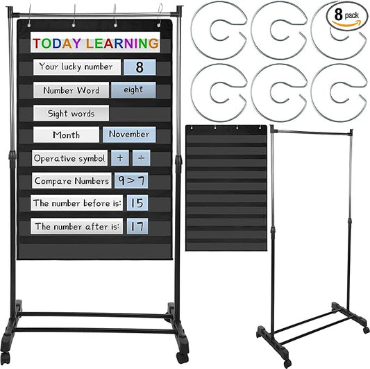8 Pcs Adjustable Pocket Chart Stand Set Include 1 Standard Pocket Chart 6 Replacement Rings and 1 Adjustable Stand for Classrooms Home Teacher Lessons Educational Tools(Black)