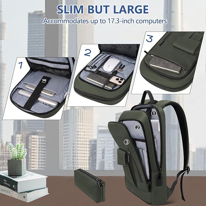 Business Backpack for Men Slim Lightweight Laptop Backpack for 17.3 Inch Computer Water Resistant Small Office Backpack for Commute Travel Daily Office Work with Small Bag (Green, 17.3")