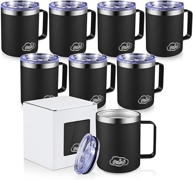 12oz Insulated Coffee Mug with Handle, Stainless Steel Wide Mouth Travel Tumblers with Lid, Double Wall Vacuum Coffee Cup for Camping, Office, Black 8 Packs