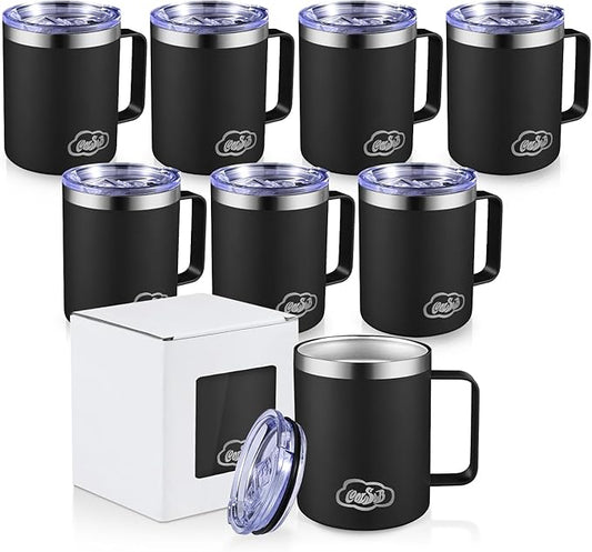 12oz Insulated Coffee Mug with Handle, Stainless Steel Wide Mouth Travel Tumblers with Lid, Double Wall Vacuum Coffee Cup for Camping, Office, Black 8 Packs