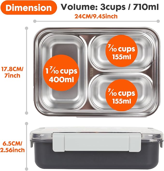 Stainless Steel Bento Lunch Box for Kids, 710 ml/23.5 oz BPA-Free Leak-Proof Food Containers with 3 Compartments, Back to School Students Daycare Lunches Snack Container Size for Ages 3-7