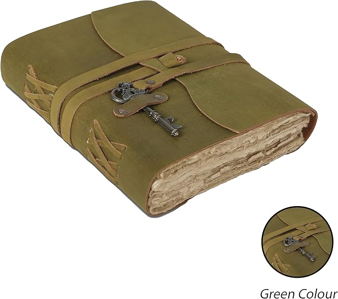Leather Journal with Deckle Edge Paper 8x6 inch and Vintage Key | Handmade Writing Notebook Diary | Bound Daily Notepad for Men & Women Medium, Sketch/Writing pad for Artists