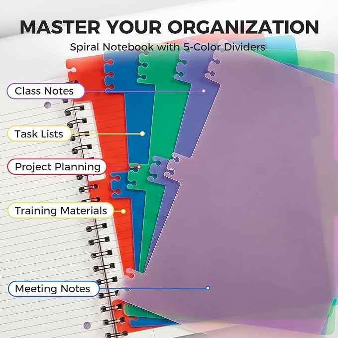 Koogel 5Subject Spiral Notebook with Tabs, Spiral Notebook Wide Ruled, Pink