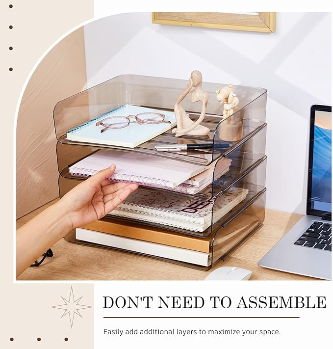 Harloon 4 Tier Clear Gray Acrylic Paper Organizer Letter Tray, Aesthetic Stackable Desk File Organizer Holder Office Tray for A4, Modern Home Office File Pad Books Notes, 13 x 9.8 x 3 Inches