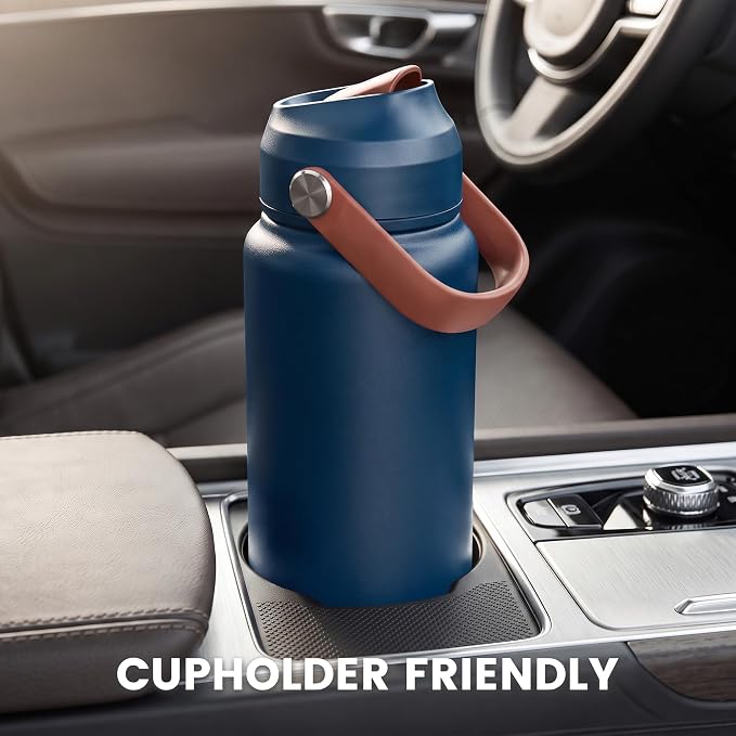 Fijinhom 18 oz Insulated Water Bottle with Straw Lid, Stainless Steel Water Bottles, Double Wall Vacuum, Portable Handle & Non-slip Bottom, BPA Free Leak Proof Metal Bottles (Black+Sapphire, 2pack)