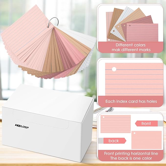 Epakh 300 Pieces Lined Index Cards 180 GSM Thick Flash Cards with Rings Notecards Punched Back to School for Studying Adults Home College Office(3 x 5 Inch,Dark Pink Brown Series)