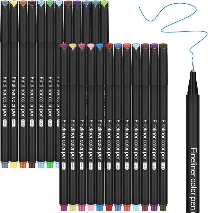 24 Fineliner Pens Set 0.4mm Ultra Fine Tip Drawing Markers for Adult Coloring Books, Bullet Journaling Art No Bleed Professional Color Pens with Vibrant Inks Artist